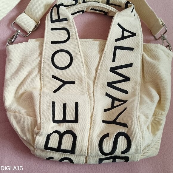 Zara Cream Canvas Handbag with Crossbody Strap "Be Yourself Always" NWOT - Picture 2 of 8